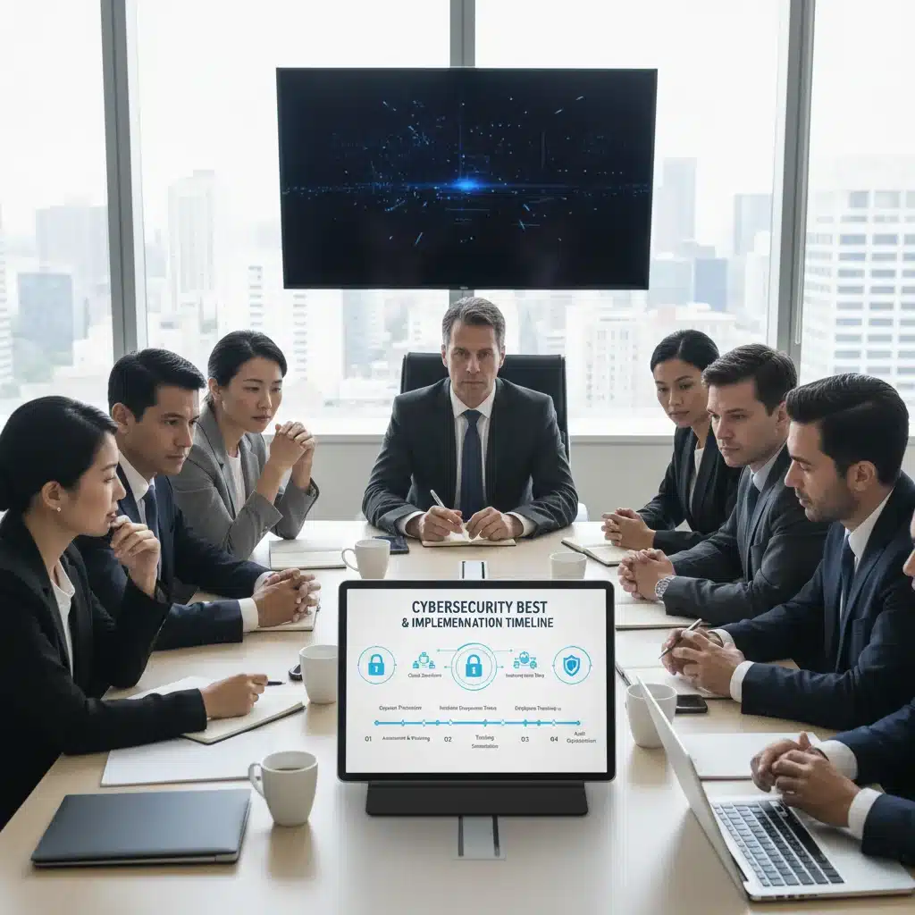 Business leaders discussing cybersecurity strategy and implementation timeline