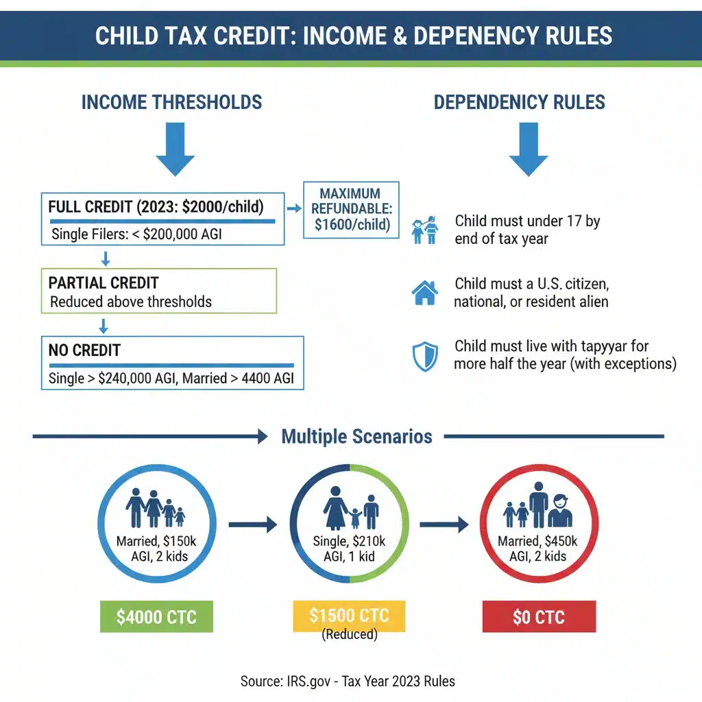 Infographic detailing Child Tax Credit 2026 income limits and dependency rules for eligibility.