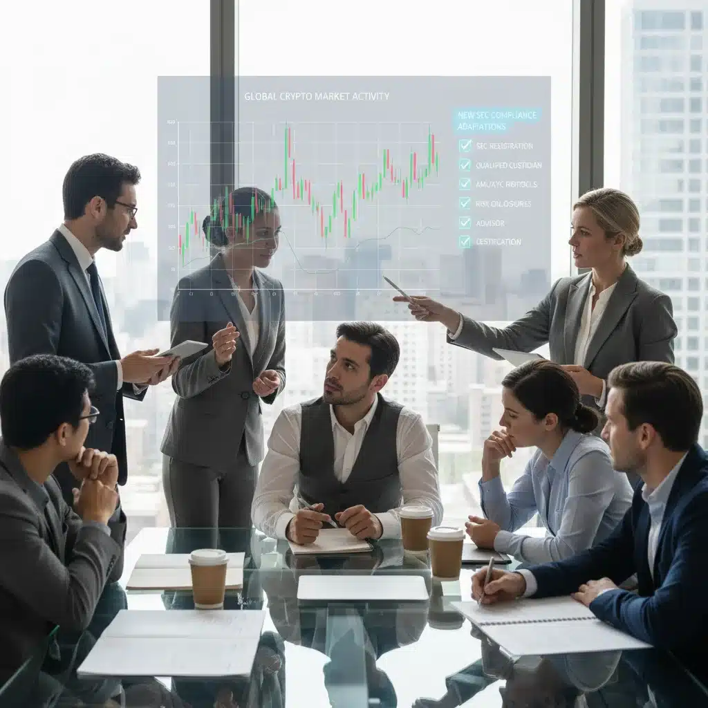 Investors and advisors discussing crypto market trends and compliance strategies for new SEC rules