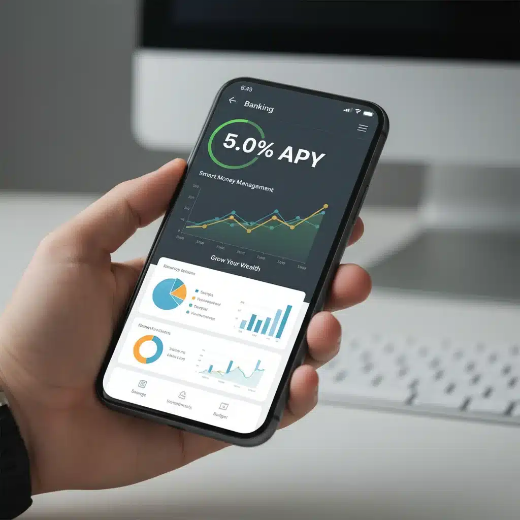 Smartphone displaying a banking app with 5.0% APY, illustrating digital savings management.