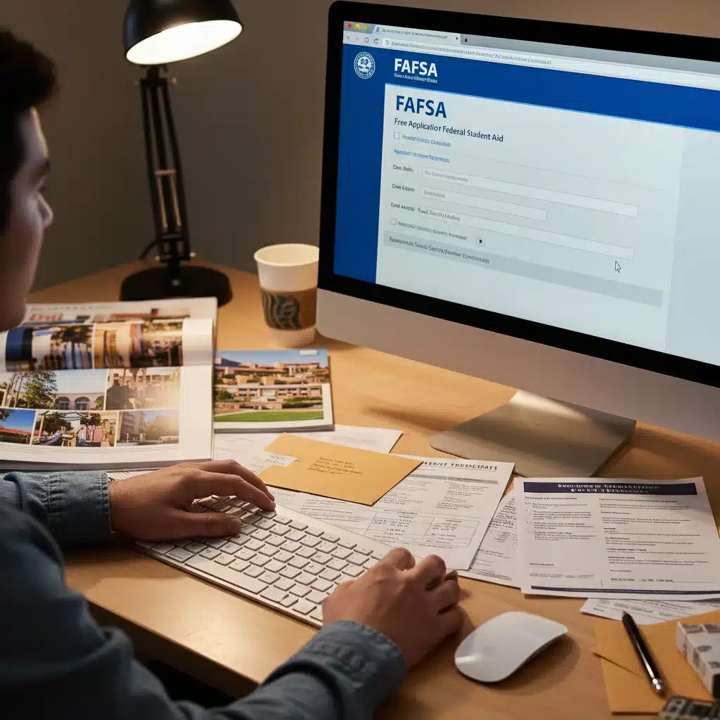 Person completing FAFSA application online, emphasizing financial aid process