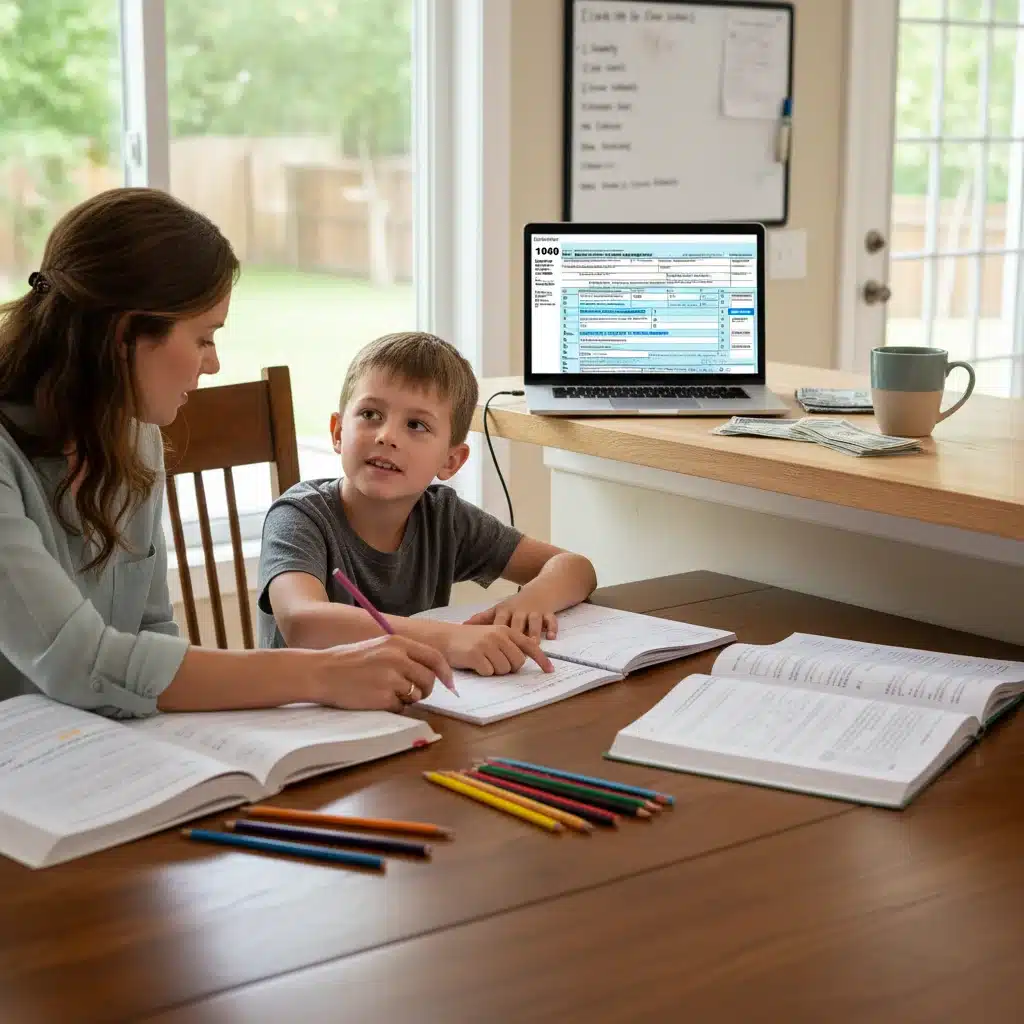 Parent and child doing homework, symbolizing the impact of tax credits on family life and support.