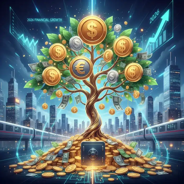 Money tree growing with coins, symbolizing high-yield savings growth in 2026.