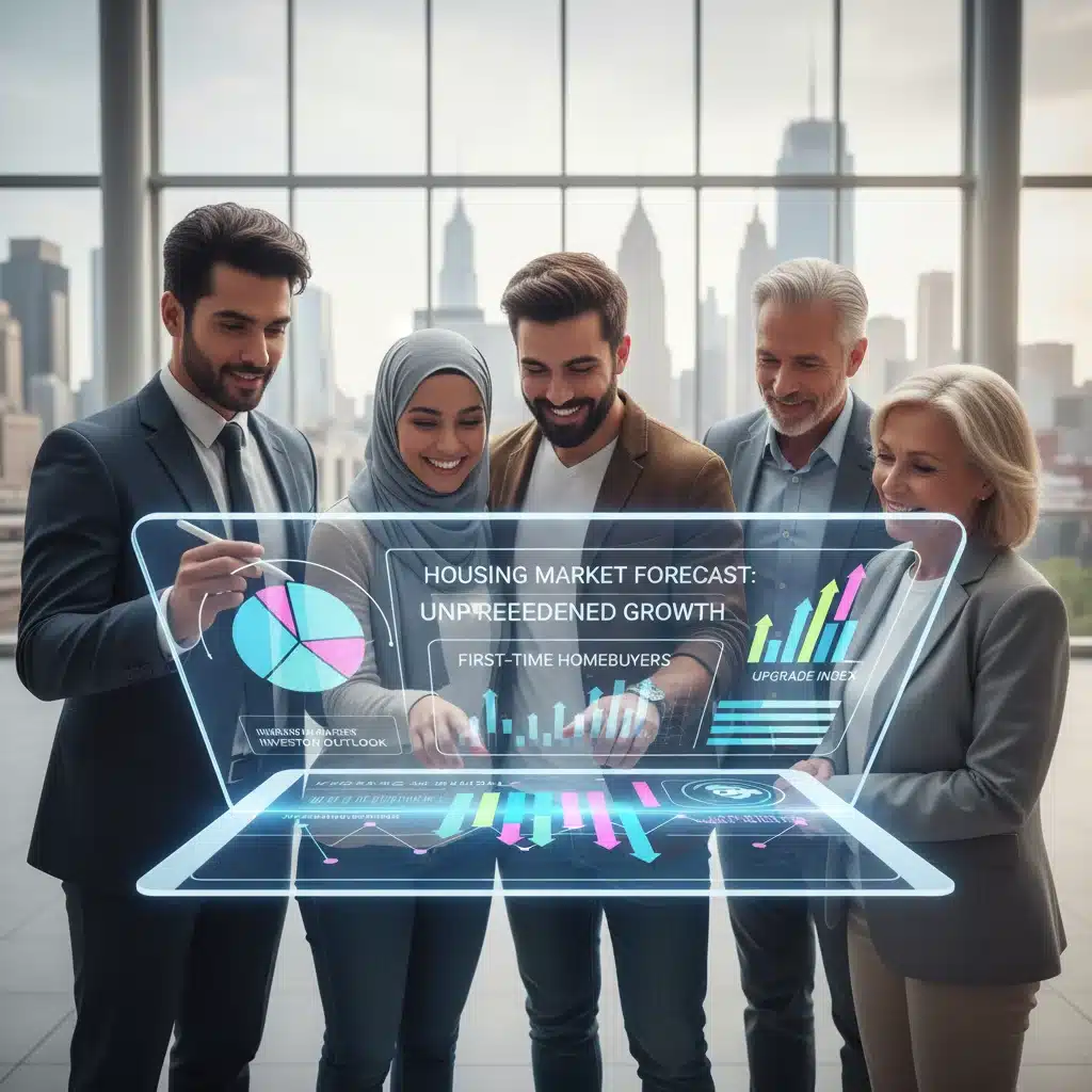 Diverse homebuyers and investors analyzing market data