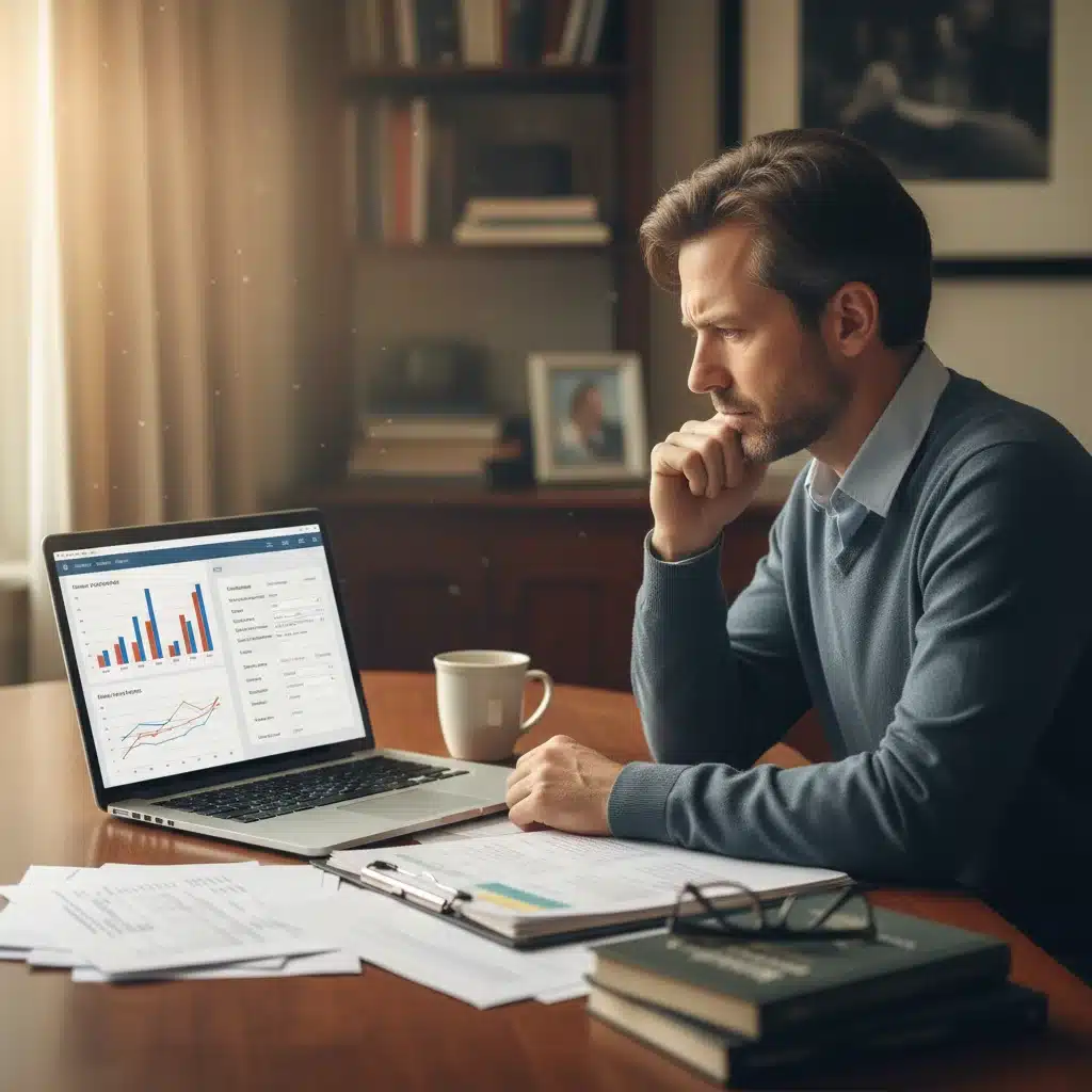 Investor analyzing investment portfolio and tax implications on a laptop