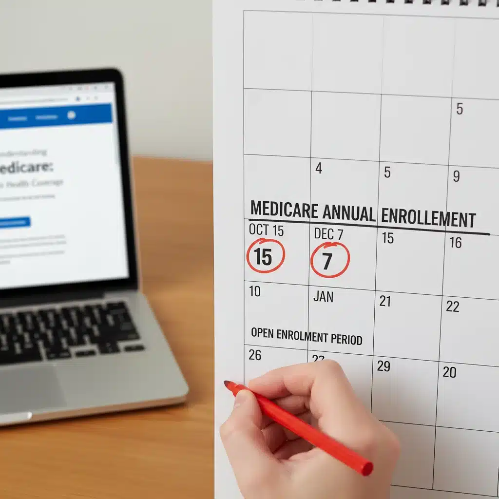 Hand highlighting Medicare enrollment dates on a calendar