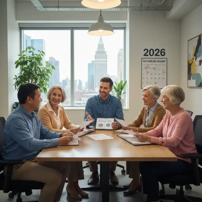 Seniors reviewing Medicare Part B 2026 documents with an advisor