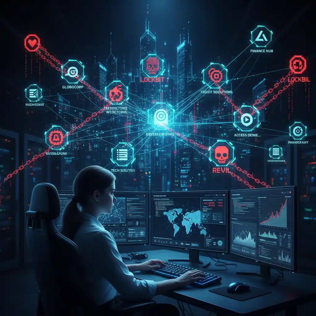 Cybersecurity analyst monitoring network under malware attack