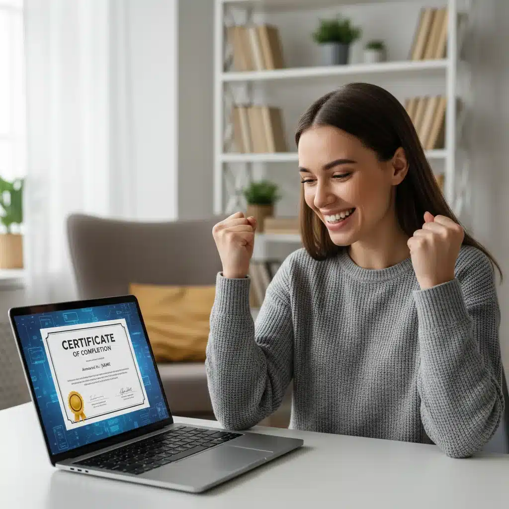 Adult successfully completing an online course and receiving a certificate