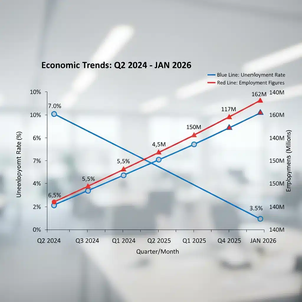Line graph illustrating the consistent decline of the US unemployment rate towards 3.5% in early 2026.