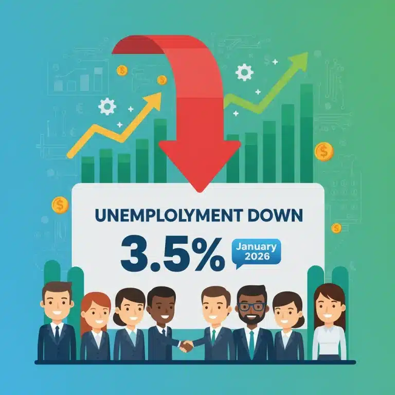 Infographic showing US unemployment rate at 3.5% in January 2026, signaling economic recovery.