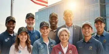 Diverse veterans smiling in front of government building, American flag waving, symbolizing new benefits.