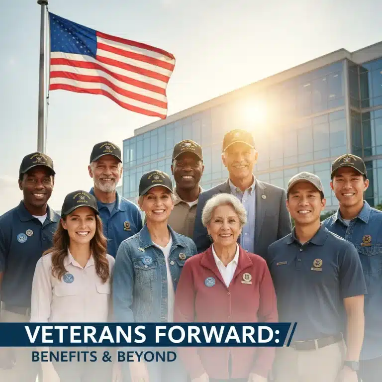 Diverse veterans smiling in front of government building, American flag waving, symbolizing new benefits.