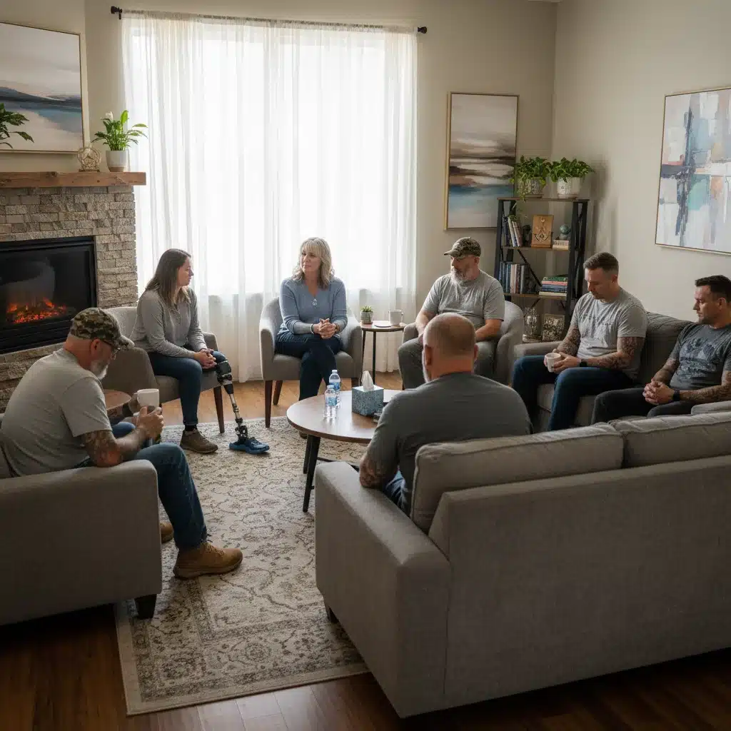Veterans in group therapy session with therapist, focusing on mental health support.