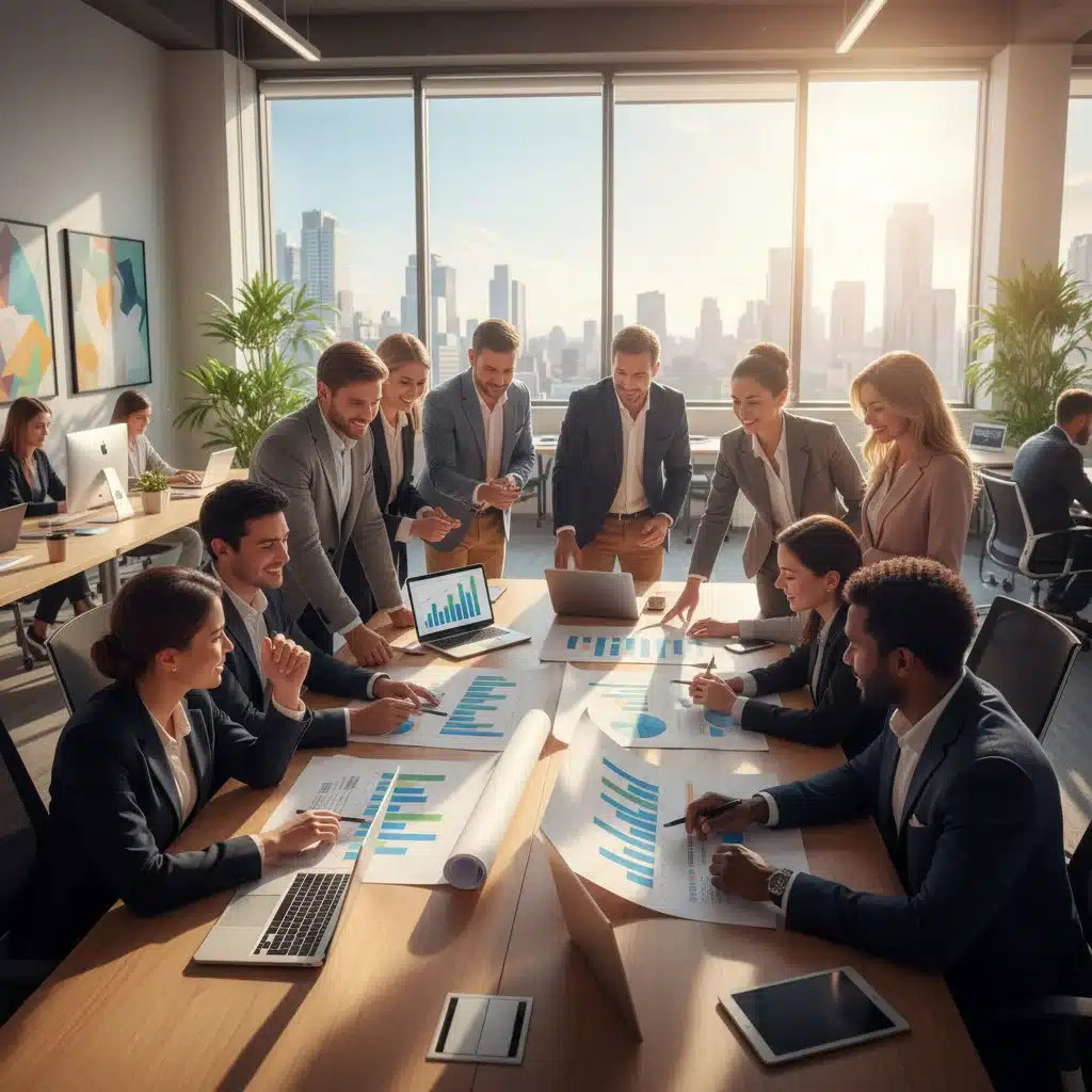 Diverse professionals collaborating in a modern office, symbolizing job growth and economic activity.