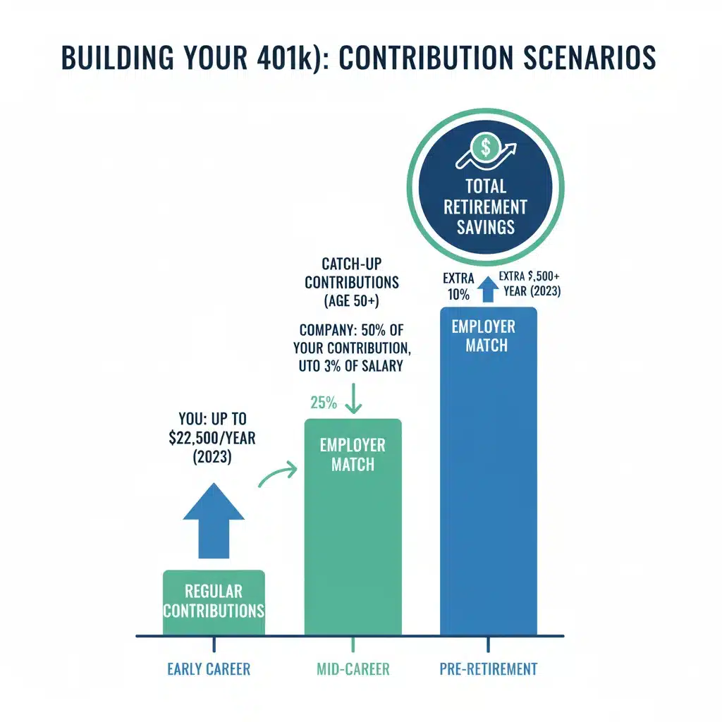 Infographic detailing various 401(k) contribution types: regular, employer match, and catch-up.