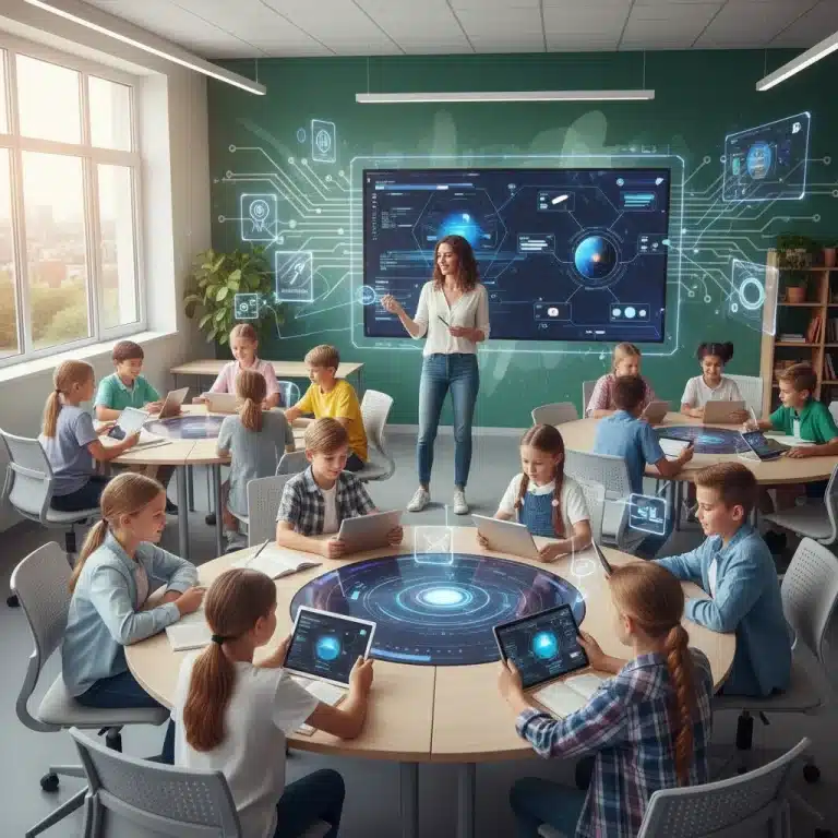 Students and teacher using AI-powered learning tools in a modern K-12 classroom, showcasing innovative education.