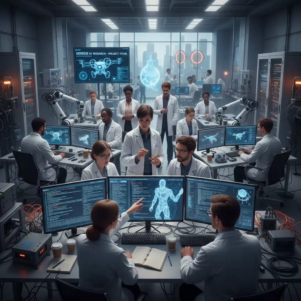 Scientists and engineers developing advanced AI algorithms in a modern research laboratory.