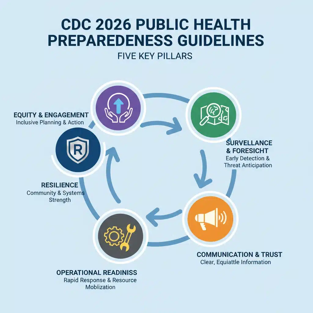 Infographic detailing the five key pillars of CDC 2026 public health preparedness guidelines.