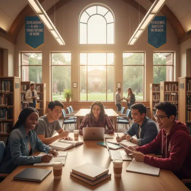 College students studying with books and laptops, symbolizing academic opportunity and Pell Grant funding.