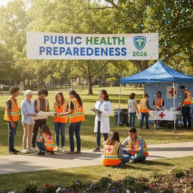 Community members engaged in a public health preparedness drill for 2026, demonstrating active participation and readiness.