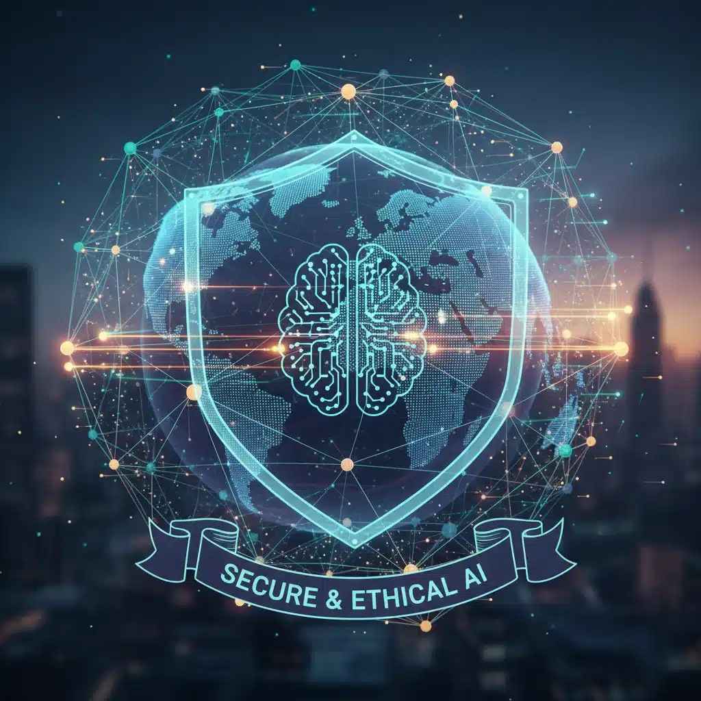 Interconnected global networks and cybersecurity elements, illustrating secure AI deployment and data flow.