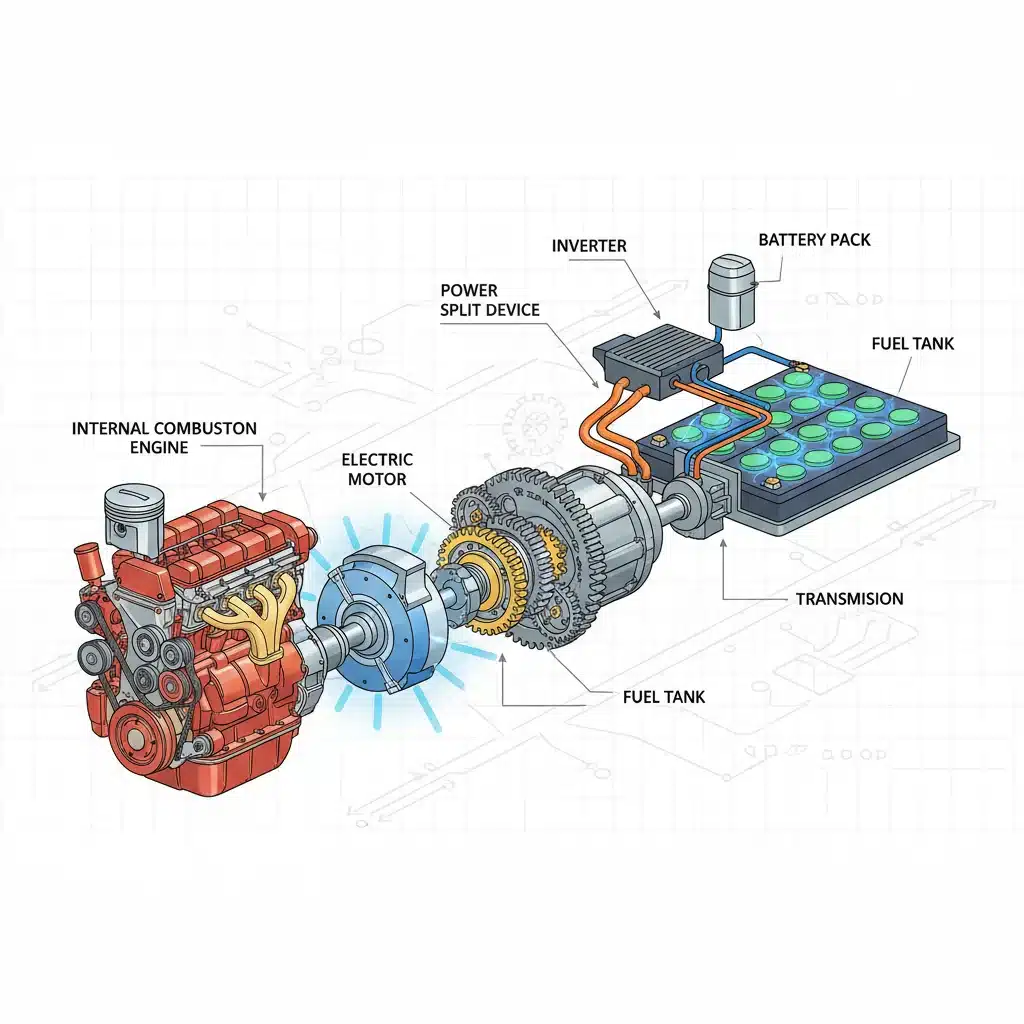 Diagram of a hybrid vehicle powertrain system