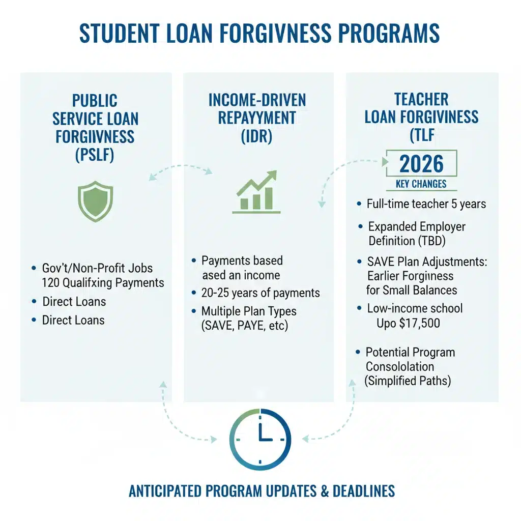 Infographic showing various student loan forgiveness programs and their 2026 eligibility changes