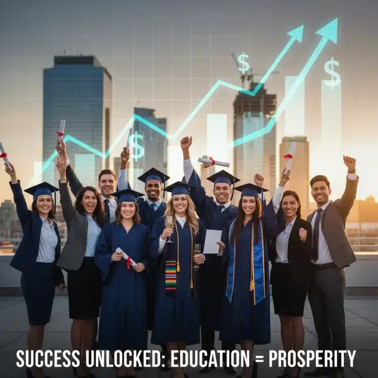 Graduates celebrating career success and financial growth with a master's degree.