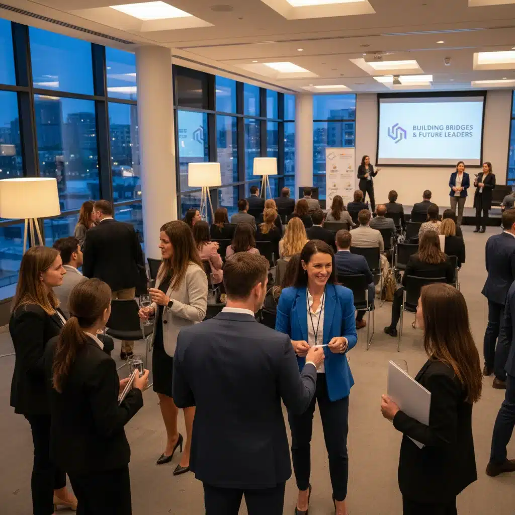 Professionals networking at a career advancement event, fostering connections.