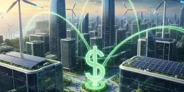Futuristic city with solar panels and wind turbines, symbolizing renewable energy investment