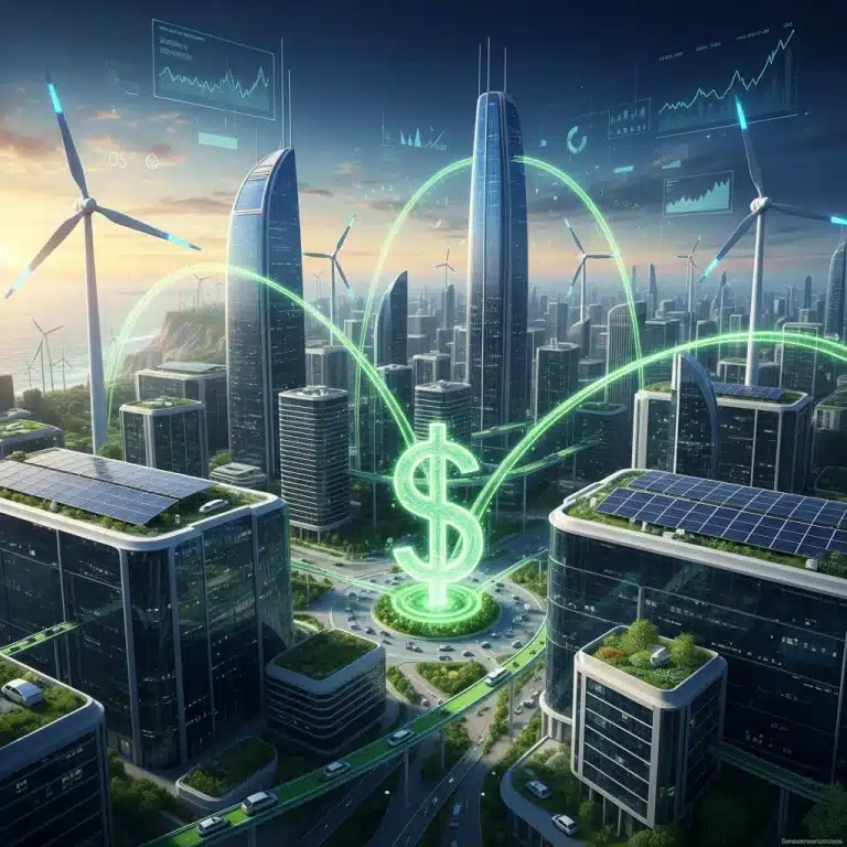 Futuristic city with solar panels and wind turbines, symbolizing renewable energy investment