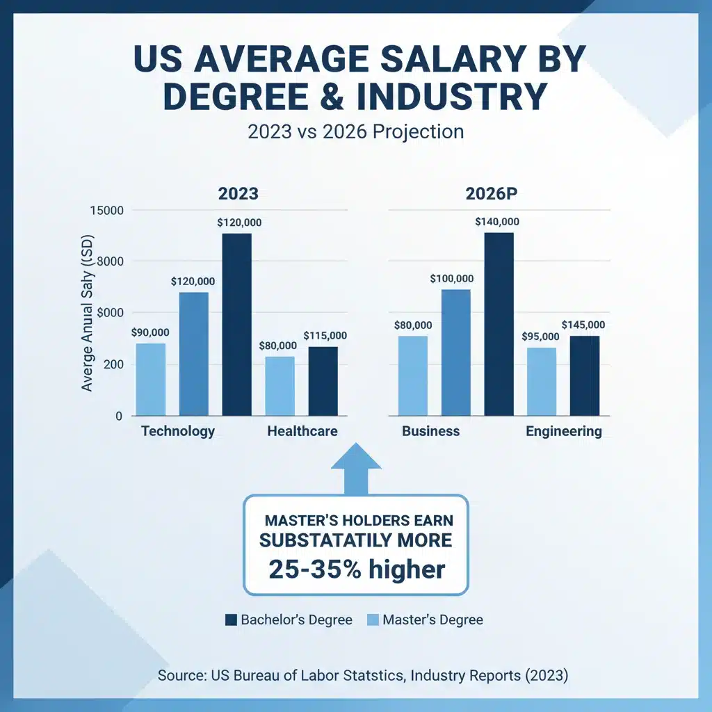 Infographic comparing bachelor's vs. master's degree salaries across US industries.