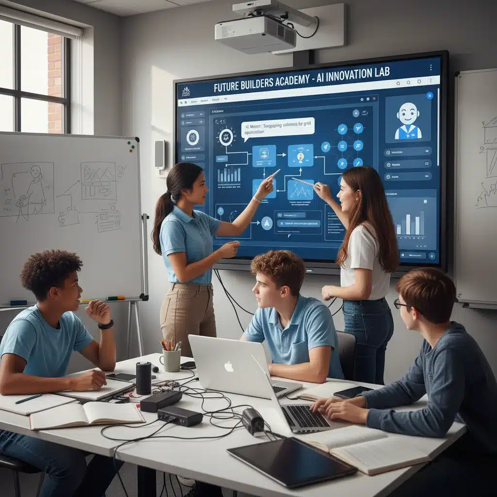 High school students collaborating with AI educational platform on interactive whiteboard.