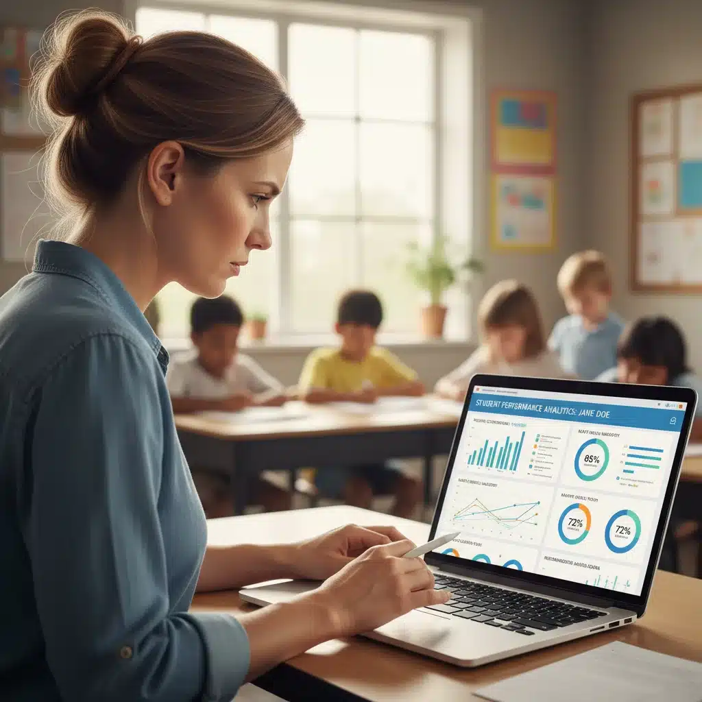 Teacher analyzing AI-driven student performance data for personalized learning insights.