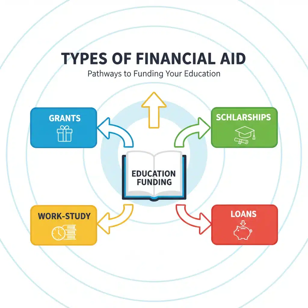 Infographic showing various types of financial aid: grants, scholarships, work-study, and loans.